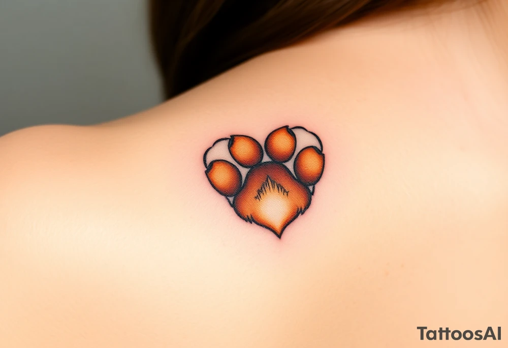 dog paw in shape of heart with fine fur details and warm shades of golden brown, caramel, and soft beige tattoo idea