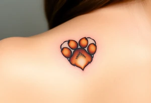 dog paw in shape of heart with fine fur details and warm shades of golden brown, caramel, and soft beige tattoo idea