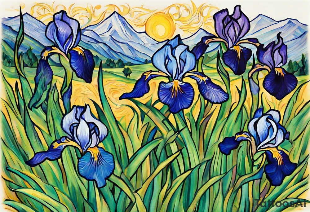 Create a condensed, thick, colorful Vincent van Gogh Irises tattoo, with vines in Celtic knots gracefully intertwining at mountains, needs to be present. The intended placement is on the upper chest. The overall design should be small in size while maintaining a delicate and artistic aesthetic. Pay attention to the graceful flow of the vines and the placement of the irises to achieve a refined and elegant look. tattoo idea