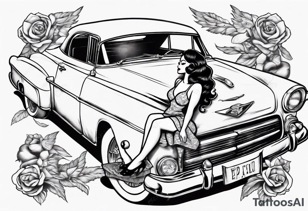 pinup doll laying on the hood of a classic vintage car tattoo idea