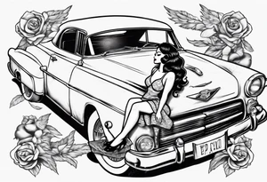 pinup doll laying on the hood of a classic vintage car tattoo idea