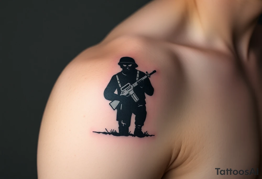 Minimalist covert operative symbolism representing loyalty and survival, faceless soldier silhouette emerging from darkness, torn fabric, subtle scars, controlled posture, black and grey realism, emotional restraint, understated strength, tattoo sleeve element. tattoo idea