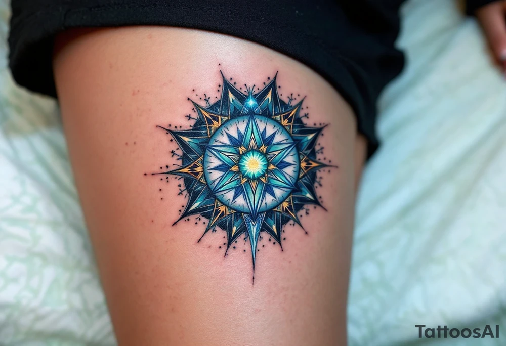 A blue-green Alatyr star rests at the center of the universe, embodying balance and divine order. tattoo idea