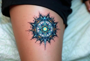 A blue-green Alatyr star rests at the center of the universe, embodying balance and divine order. tattoo idea