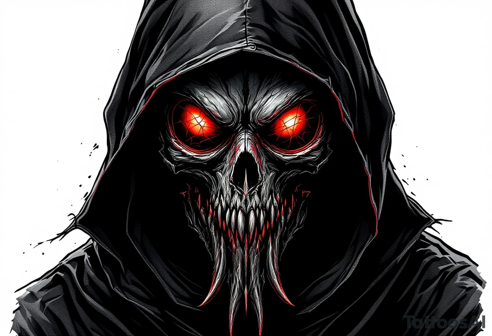 Demonic Plague Doctor – A black-robed doctor with glowing red eyes behind cracked glass lenses, and a mask that appears fused to decayed flesh. The beak is jagged and sharp, resembling a monstrous creature. tattoo idea