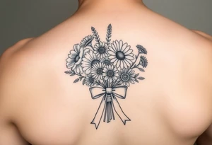 A small bouquet where the carnation, larkspur, daisy, and aster are gathered together at the stems and tied with a flowing ribbon bow tattoo idea