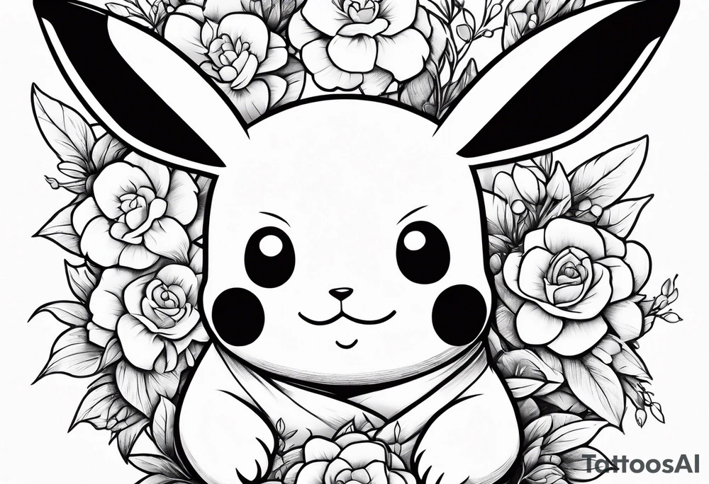 Pikachu Holding bouquet of flowers in front of him tattoo idea