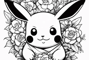 Pikachu Holding bouquet of flowers in front of him tattoo idea