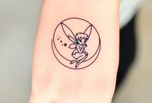 Tinkerbell sitting in a half moon thrown pixie dust tattoo idea