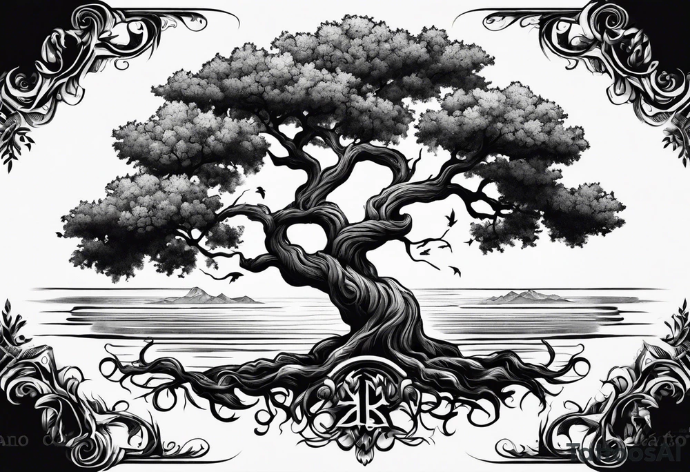 oak tree with phoenix  and roots growing around calming waves for forearm tattoo idea