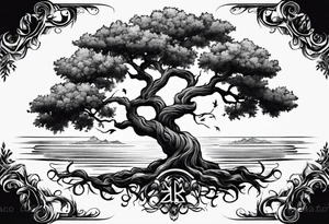 oak tree with phoenix  and roots growing around calming waves for forearm tattoo idea