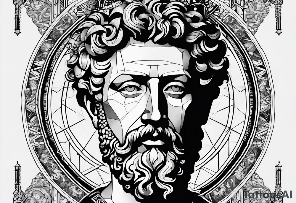 The Face of marcus aurelius with the lower left half missing. Geometric symbols framing the background tattoo idea