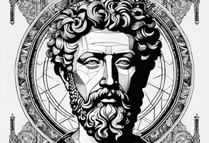 The Face of marcus aurelius with the lower left half missing. Geometric symbols framing the background tattoo idea
