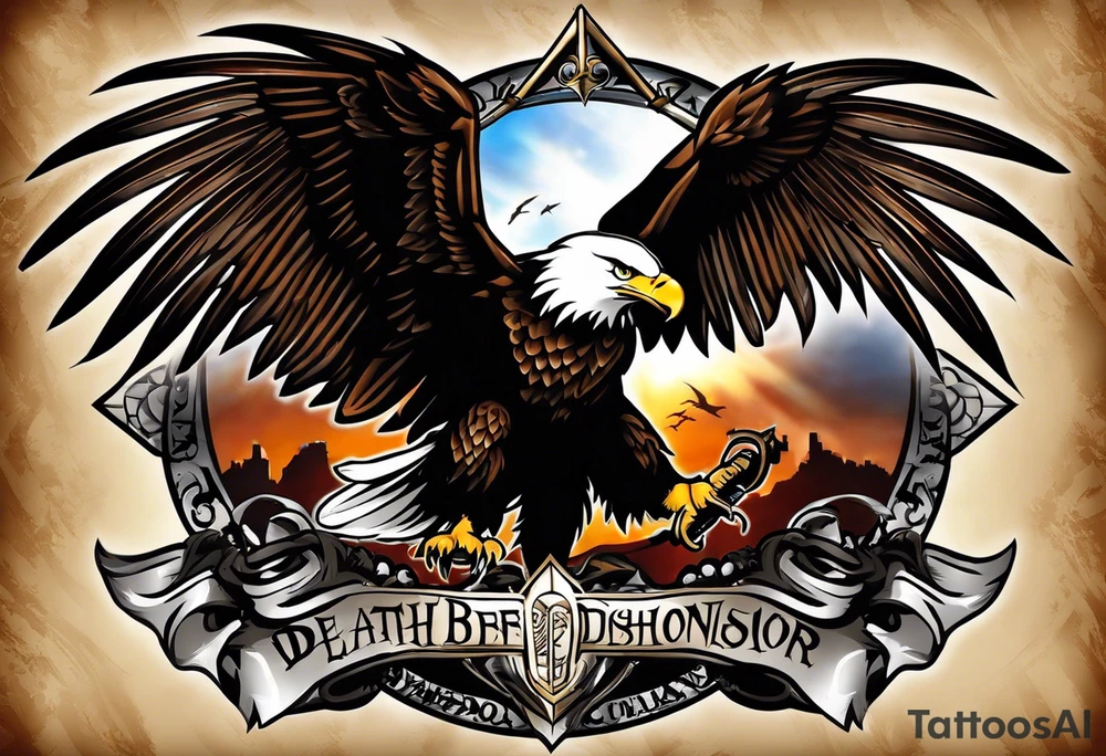 tattoo featuring an American eagle, 

add the words "Death Before Dishonor" on a scroll or something, add a sword or knife 

bottom left is closest, background filling not needed. 

use the Eagle style face of the bottom right

left hand side drawings are great, add a in the Eagles talons, remove background tattoo idea