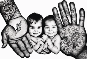 handprints of three childrens with a male fathers hand. The children are two girls and 1 boy. tattoo idea