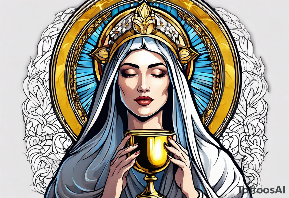holy saint woman with golden halo holding a chalice tattoo idea