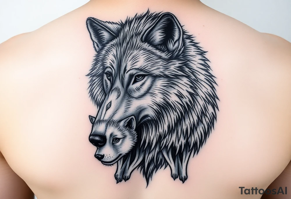 A solitary yet sublime and noble wolf and its progeny. the face tattoo idea