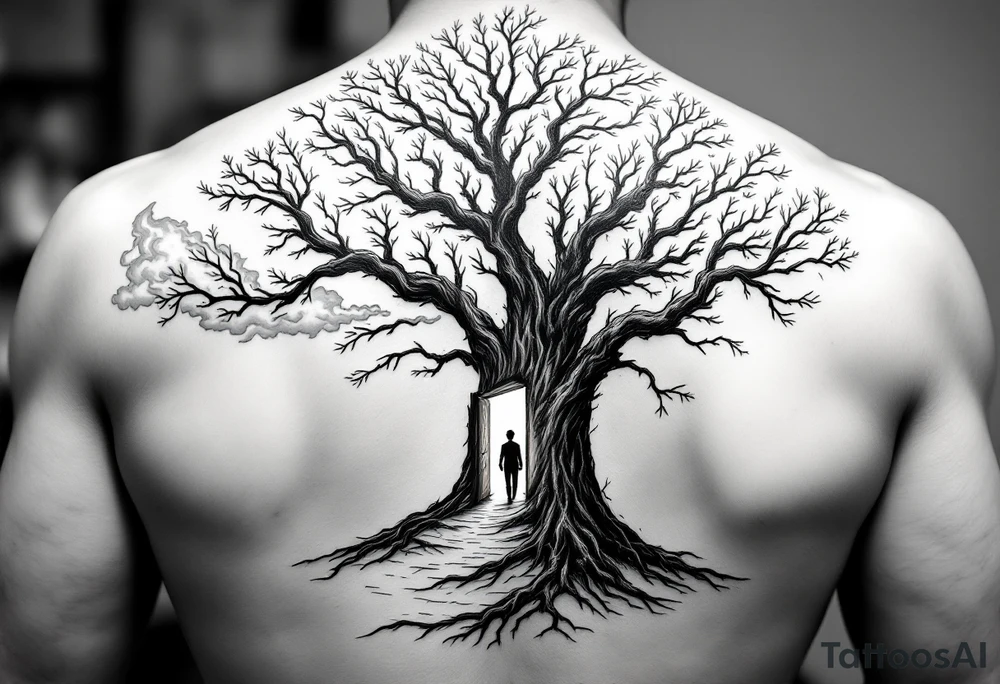 Back tattoo of a big tree with a door and a man walking through the door. On the left draw some fire clouds connecting to the tree, make it a lot. On the right side draw some lines on a treasure map connecting to the tree. Keep the tree in the middle! tattoo idea