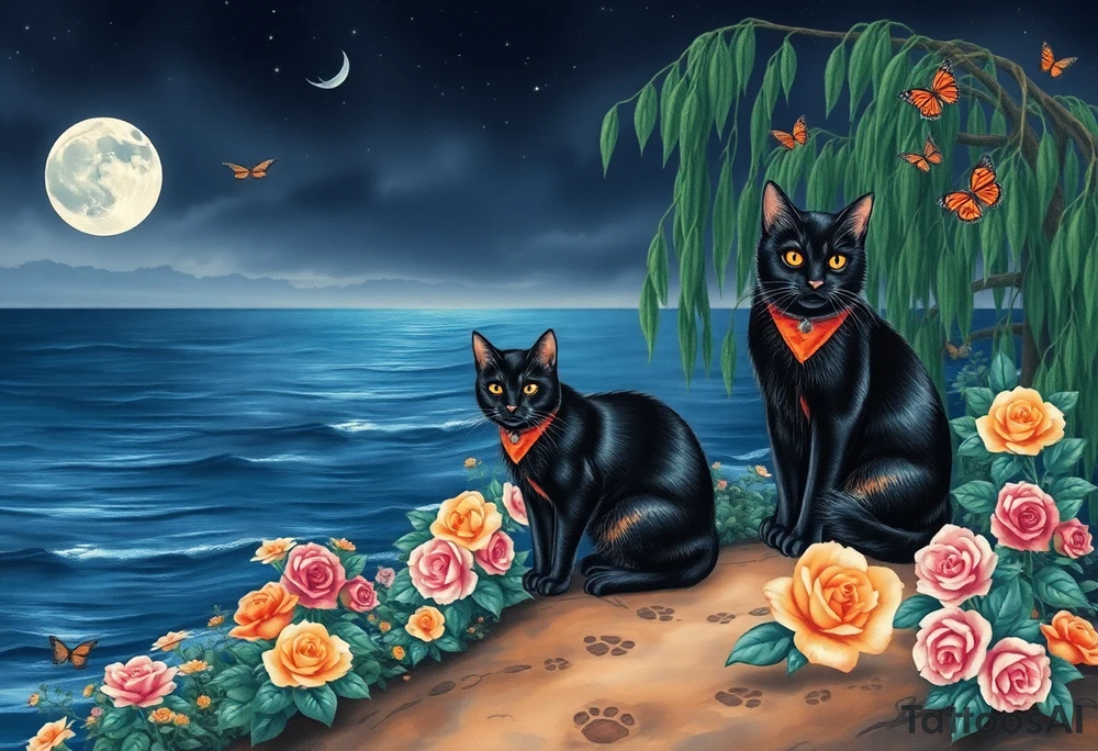Night time. Ocean.  weeping willow garden with roses and liles flower beds. fantasy creatures, fairies, mermiads, dragons butterflies,  cat paw prints path in dirt. Black and orange cats tattoo idea