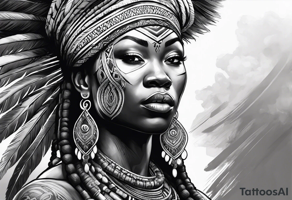 guerreiro Ogun africano realista de corpo inteiro em preto e cinza com tons de azul
 no fudo de savana tattoo idea
