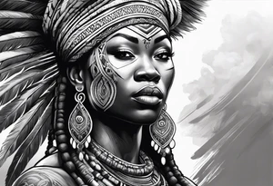 guerreiro Ogun africano realista de corpo inteiro em preto e cinza com tons de azul
 no fudo de savana tattoo idea