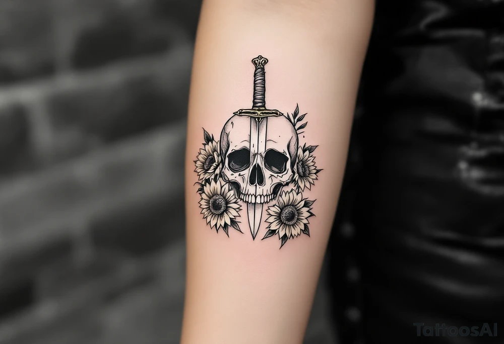 Skull, dagger piercing a heart with roses and sunflowers tattoo idea