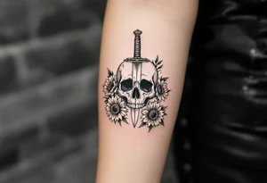 Skull, dagger piercing a heart with roses and sunflowers tattoo idea
