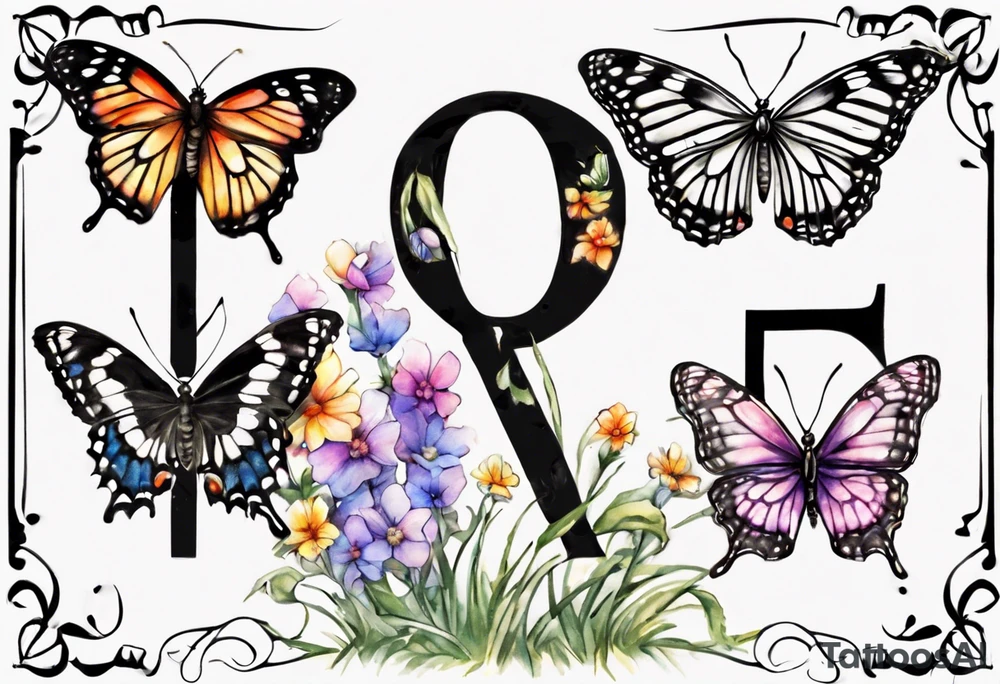 5 butterfly’s dad butterfly, with initial E. O mom butterfly with initial L. O daughter butterfly initial M 2nd daughter with initial M son butterfly initial R.o background the sky beautiful sky colors and grassy area. tattoo idea