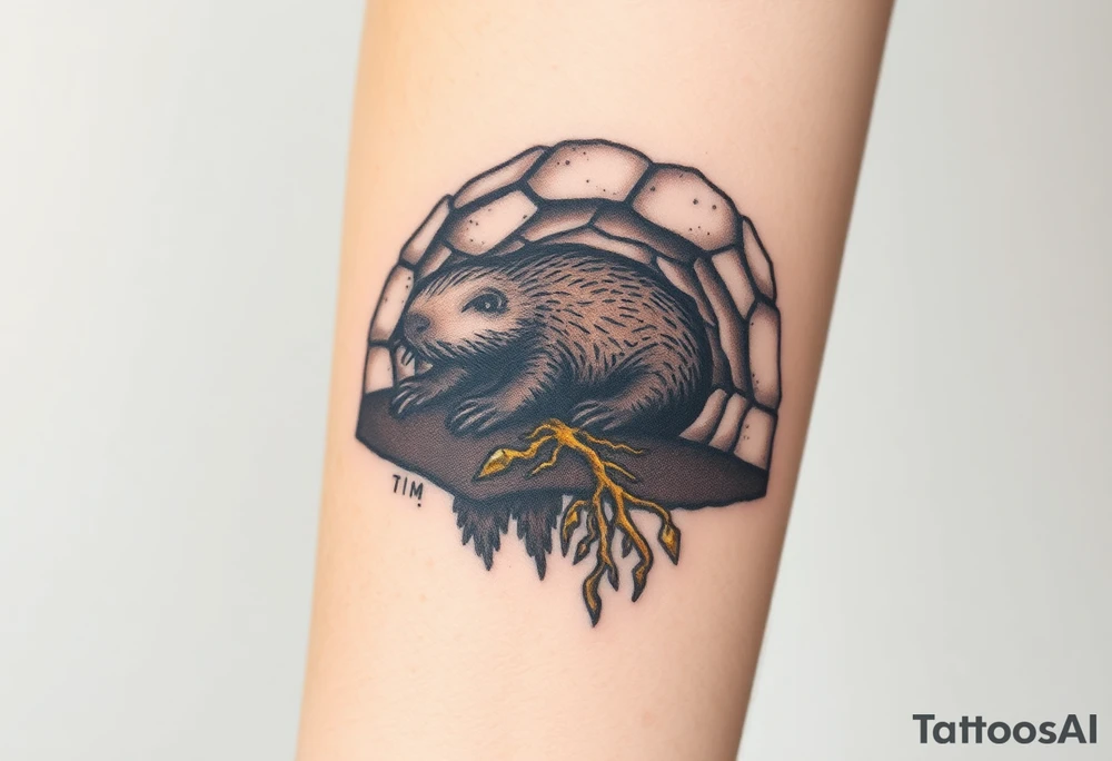 A mole depicted in underground tunnel in a cross-section with dark brown soil, golden roots, and hidden gems sparkling in the earth tattoo idea