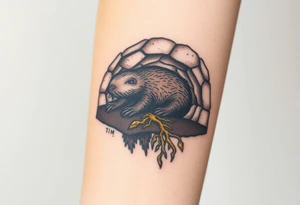 A mole depicted in underground tunnel in a cross-section with dark brown soil, golden roots, and hidden gems sparkling in the earth tattoo idea