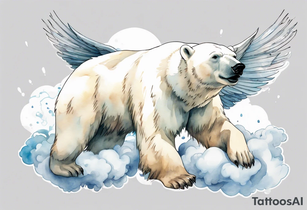 a polar bear with wings, standing on clouds, a gust of wind coming from its mouth tattoo idea