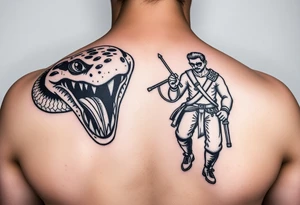 A snake with alien eyes full mouth of teeth and a guy with a saddle tattoo idea
