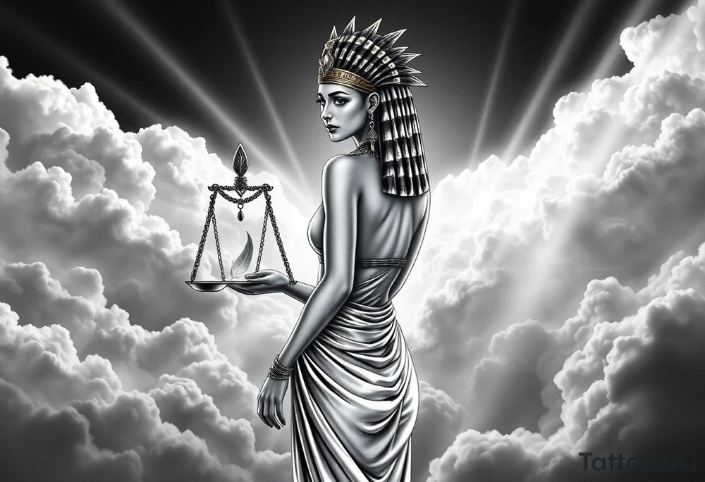 beautiful Egyptian goddess stands with her back slightly turned, accentuating her figure. Wearing a silk gown. She wears an elaborate ostrich feather headdress and ornate, intricate ancient Egyptian jewelry draped across her body. Her expression is mysterious and confident. In one hand, she holds the Scales of Justice: one side holds a radiant, glowing heart; the other, Ma’at’s feather. The scales themselves shimmer with an otherworldly light.
The background is a surreal, heavenly landscape filled with luminous clouds and beams of divine light piercing through, creating dramatic contrasts of deep shadows and highlights. The entire scene is bathed in an ethereal, mystical glow, with a dreamlike, almost supernatural atmosphere. tattoo idea