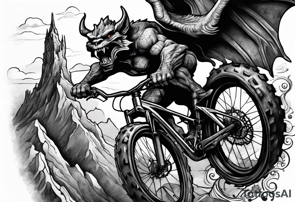 gargoyle riding a full suspension mountain bike with a shadow no background tattoo idea