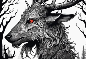 A scary terrifying horrifying rotting bone lore accurate wendigo side profile surrounded by a forest fire in background tattoo idea