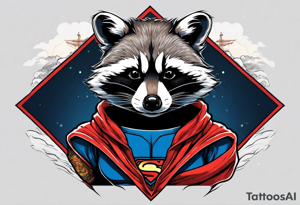 raccoon wearing a Superman hoodie tattoo idea
