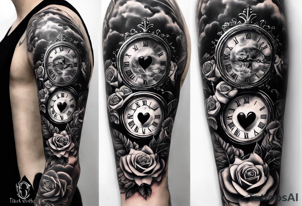 Full right arm sleeve  a crown and third eye with a hour glass instead the hour glass brain cover in in clouds and a heart cover in grass and roots with roses and smoke all over the arm tattoo idea