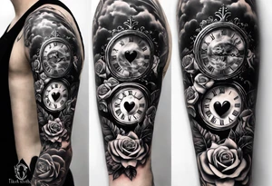Full right arm sleeve  a crown and third eye with a hour glass instead the hour glass brain cover in in clouds and a heart cover in grass and roots with roses and smoke all over the arm tattoo idea