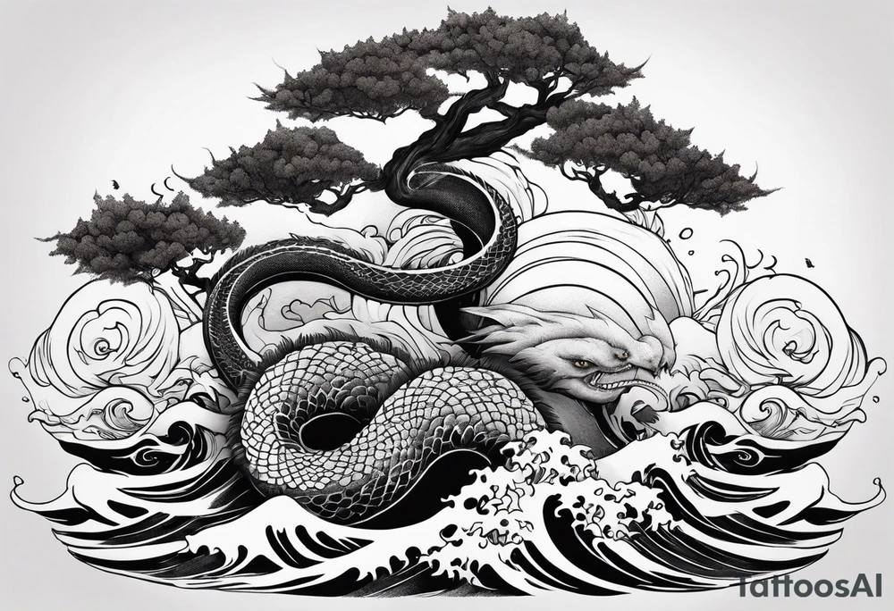 Jormungandr wrapped around world tree with waves crashing around tattoo idea