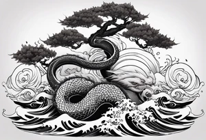 Jormungandr wrapped around world tree with waves crashing around tattoo idea