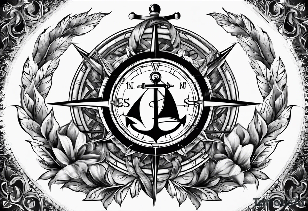 A selucid style anchor in front of a compass with north south east west marked on it and a narrow laurel wreathe wrapped around the compass tattoo idea