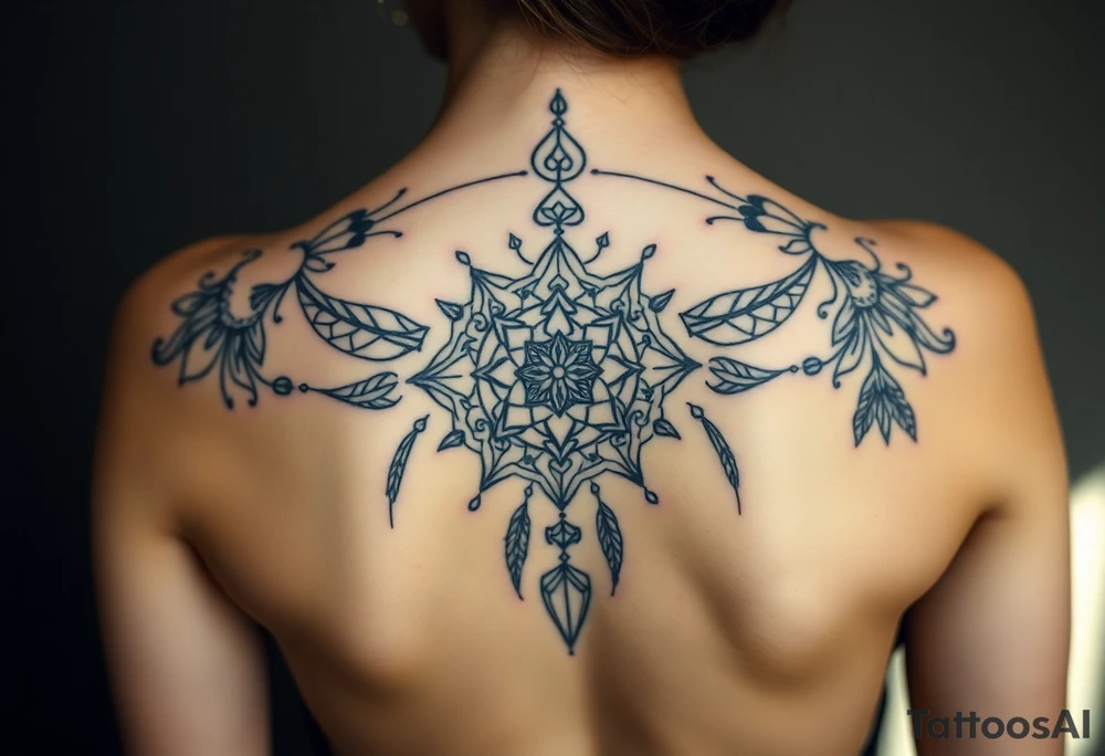 shaman symbols and mandalas and feathers wicca witch spiritual and sami culture big whole back tattoo idea