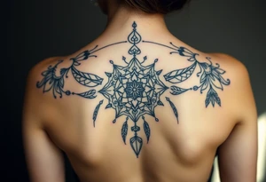 shaman symbols and mandalas and feathers wicca witch spiritual and sami culture big whole back tattoo idea