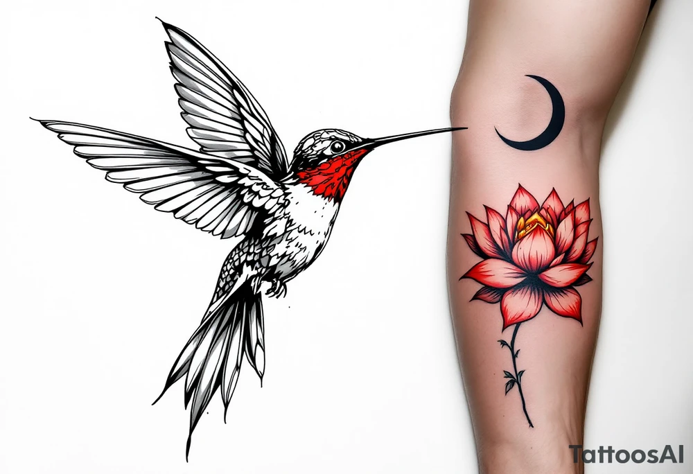 A hummingbird drinking from a lotus flower with one wing made of light (sun disc) and the other made of shadow (crescent moon) (red and black only) tattoo idea