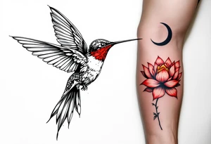 A hummingbird drinking from a lotus flower with one wing made of light (sun disc) and the other made of shadow (crescent moon) (red and black only) tattoo idea