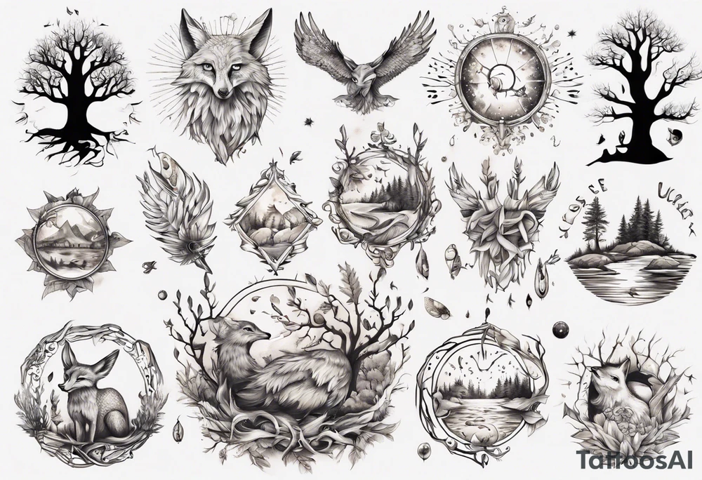 sonne, eule  wald, fuchs 
baum, sapere aude, Wasser, fisch tattoo idea
