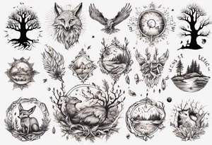sonne, eule  wald, fuchs 
baum, sapere aude, Wasser, fisch tattoo idea