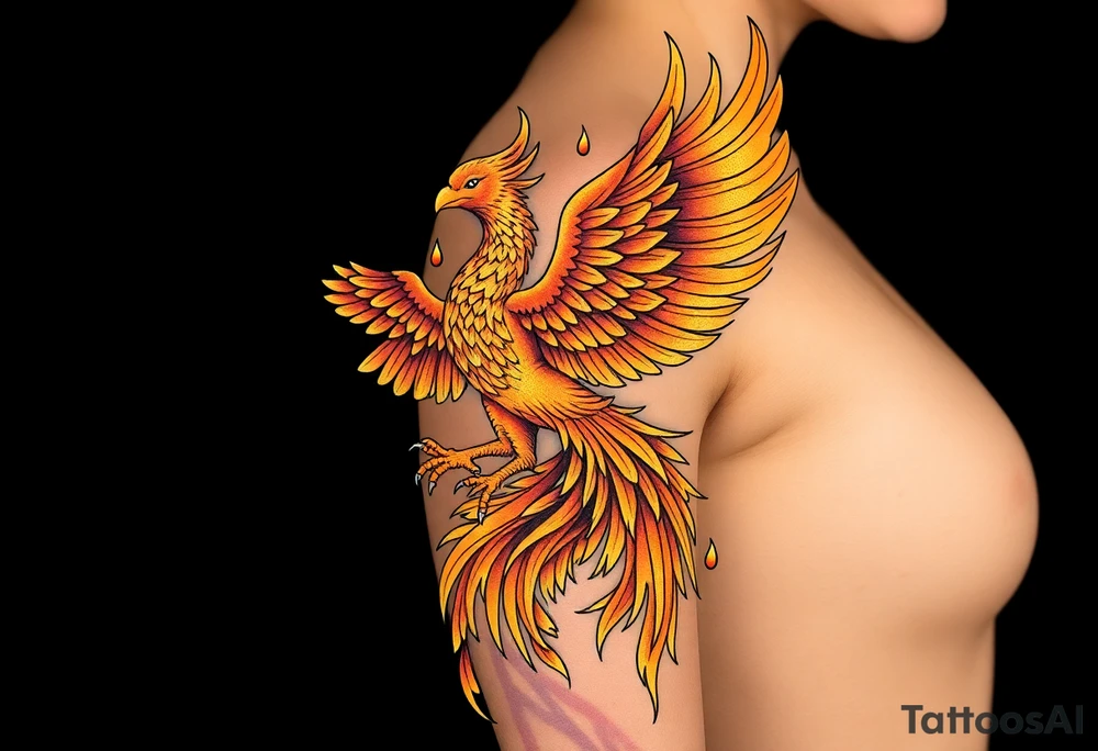 magnificent phoenix rising from golden flames with trailing embers tattoo idea