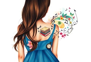 Back view of the silhouette of a brown hair girl in a blue dress. She is following a colorful swirl with music notes, books, and flowers. A pocket watch is at the end of the swirl. tattoo idea