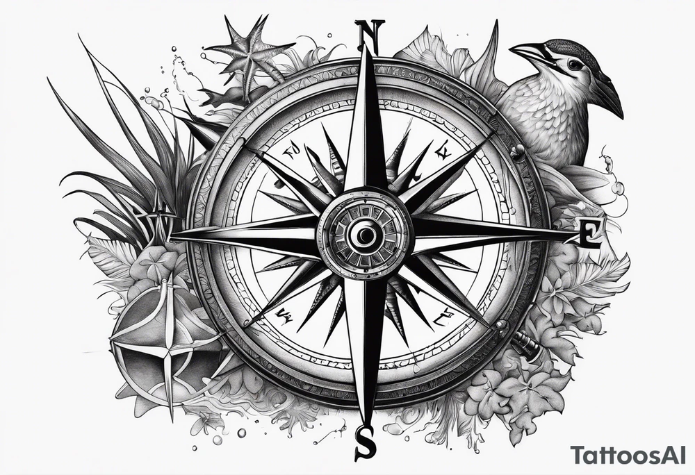 Pirate compass covered in starfish and marlin tattoo idea